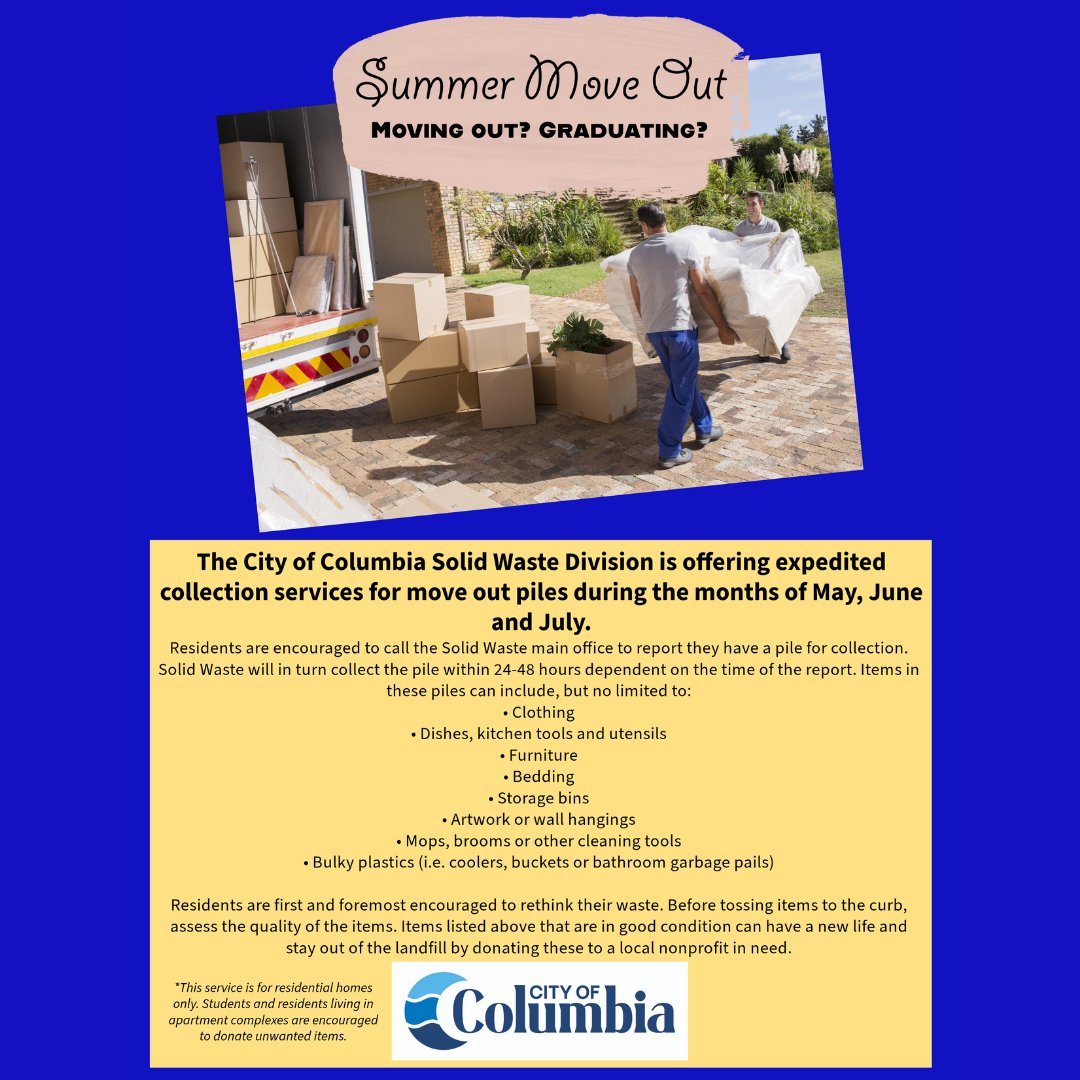 Following the success of last year, the Solid Waste Division is back with expedited trash collection for move outs. These services will be offered from May 1 through July 31, 2024. Check out the flyer for more information! #WeAreColumbia #TogetherWeAreColumbia