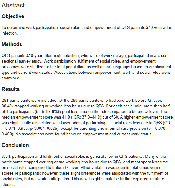 New from the Netherlands: Another infection associated with long-term negative effects Work participation, social roles, and empowerment of Q-fever fatigue syndrome patients ≥10 years after infection journals.plos.org/plosone/articl… #QFS #CFS #MEcfs