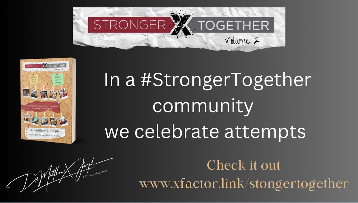 #StrongerTogether Volume 2 Strategies to enhance collaboration in a school community In a #StrongerTogether community: celebrate attempts Check it out at: xfactor.link/strongertogeth… Foreword by @mbfxc Contributors:@D4Griffin3 @ChristineBemis2 @AlefiyaEdu @donna_mccance @GAB__on