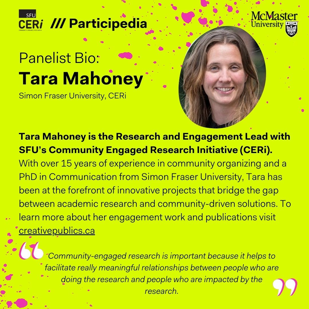 🚨 Panelist Number 3! ☕️ Tara Mahoney of @SFU_CERi will be presenting at our May 16th Radical Democracy #TeachingCafe 😊 Join us and learn all about the design processes and practices of #ParticipediaSchool2023! Register Now ➡️ eventbrite.ca/e/teaching-caf…
