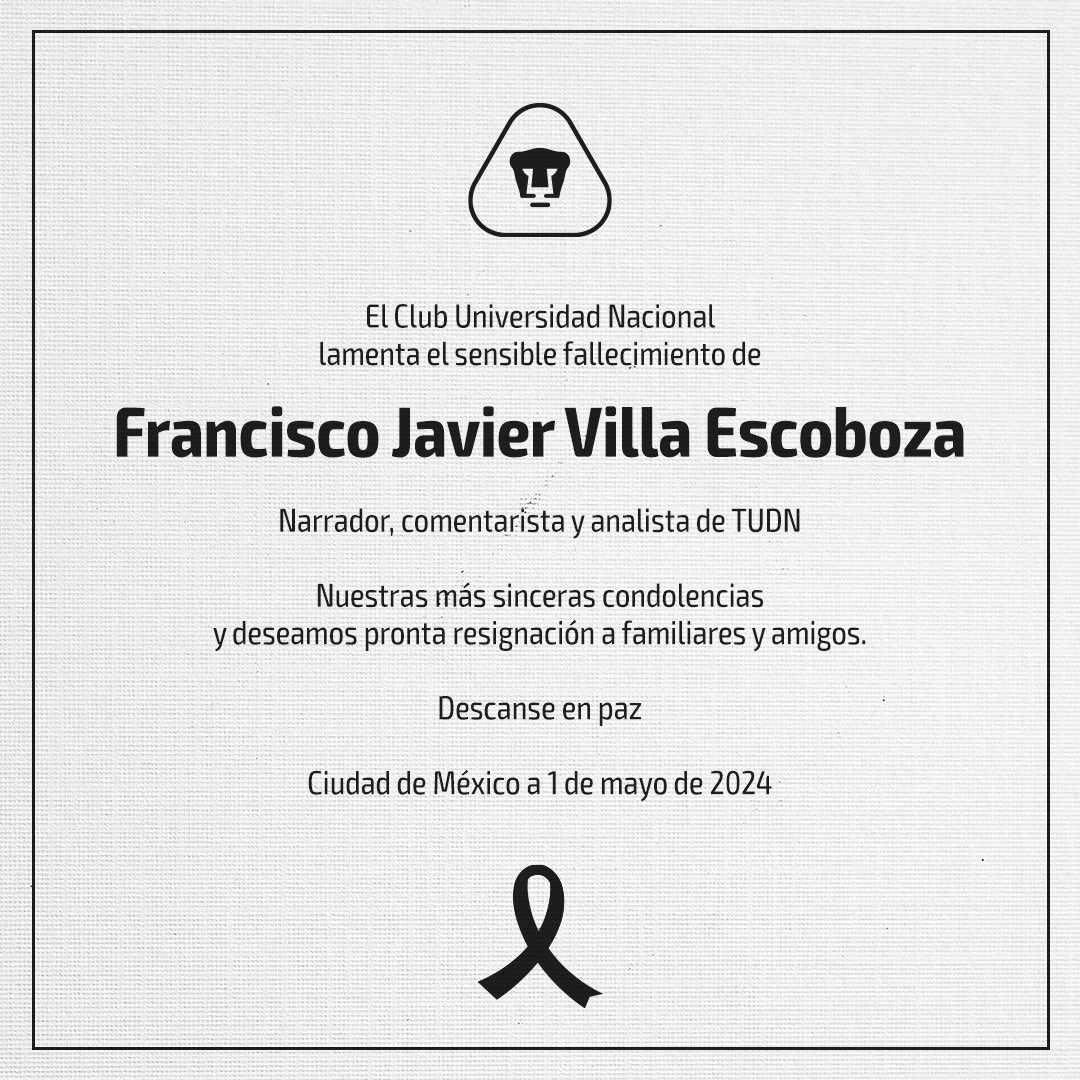 Recordaremos las grandes narraciones de Paco Villa con mucho cariño. ⚽️🎙️
Nos unimos a la pena de todo la familia y amigos.
QEPD. 🤍

#DePumasSoy #DeCanteraSomos