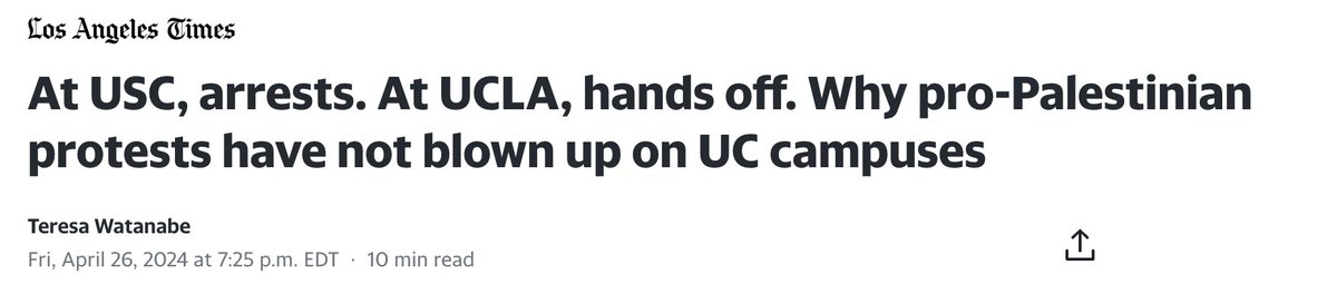 4 Days ago the story was UCLA using 'a far lighter hand, tolerating students who flouted bans on overnight camping and other rules as long as they remained peaceful and did not impede campus operations or interfere with teaching and learning' Today the story, same author is…