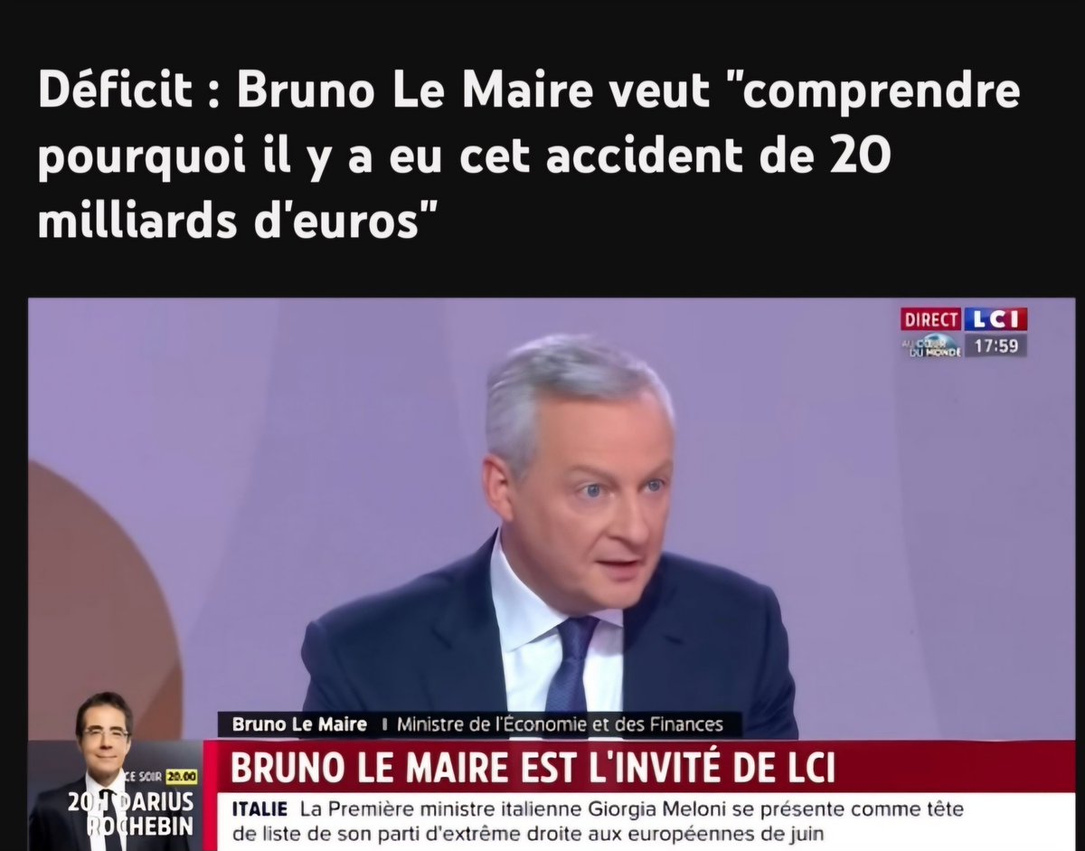 Bref, Bruno Le Maire, le génie qui : 
- ne sait pas ce que c'est qu'un superprofit 
- pense que les Français vivent dans l'abondance financière grâce à 'la gratuité de tout, pour tous' 
- a égaré 20 milliards d'euros 'par accident' 
Bienvenue dans la dimension parallèle du super-…