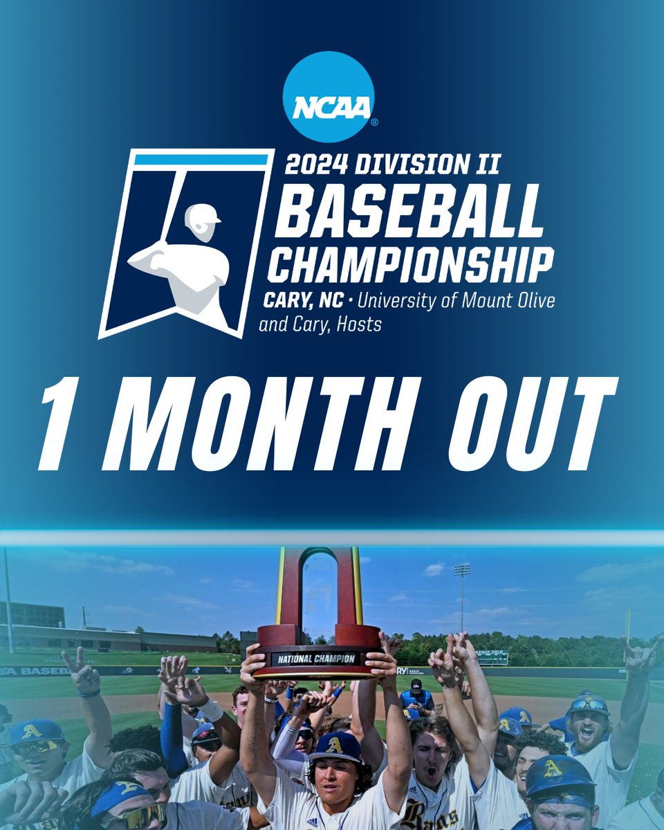 We are only one month away from the 2024 NCAA Division II Baseball Championship⚾ The Championship will be held June 1-8 at the USA Baseball National Training Complex! All seating is general admission. Game times are 1:30 p.m. and 6 p.m. each day. 🎟️ bit.ly/41ouAGz