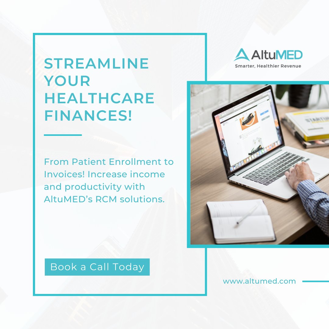 Streamline Your Healthcare Finances! 

From Patient Enrollment to Invoices!

Optimize your Revenue Cycle with AltuMED RCM Solutions to improve reimbursements and productivity at your Medical Practice.

Book a Call Today!

#altumed #revenuecyclemanagement #healthcarefinance