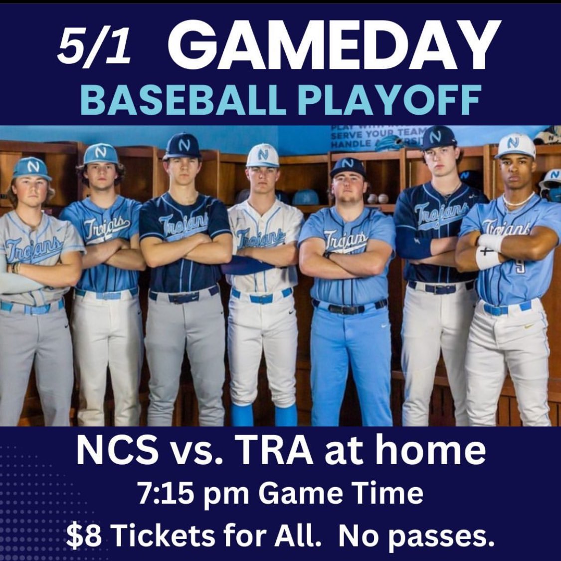 Regional tournament playoff game for Baseball is tonight at 7:15 pm. The Trojans will host TRA. As a playoff game everyone (including students) needs a ticket. No student passes, grandparent club, or athletic passes accepted. $8 tickets thru: gofan.co/app/school/TN7…