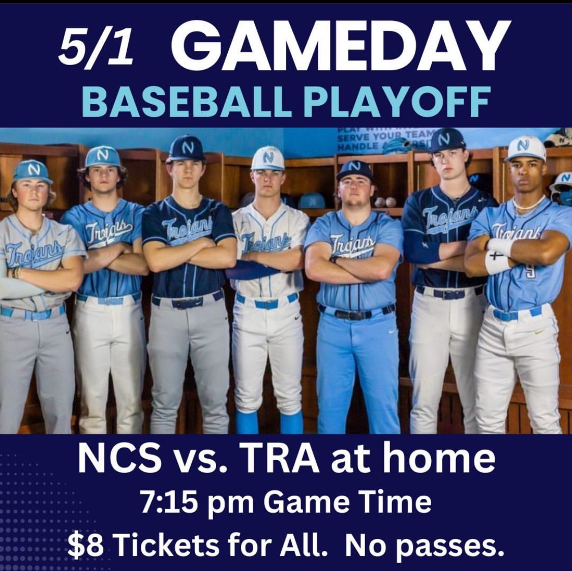 Regional tournament playoff game for Baseball is tonight at 7:15 pm.  The Trojans will host TRA.  As a playoff game everyone (including students) needs a ticket.  No student passes, grandparent club, or athletic passes accepted.  $8 tickets thru: gofan.co/app/school/TN7…