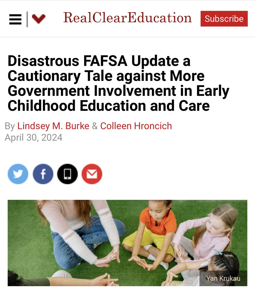 Search “FAFSA” and you’ll see article after article showing how the fed govt botched a recent update—leaving students, families, and schools in limbo. So why would anyone want to get the fed govt more involved in preschool? @lindseymburke & I argue they shouldn't in @RealClearEd.