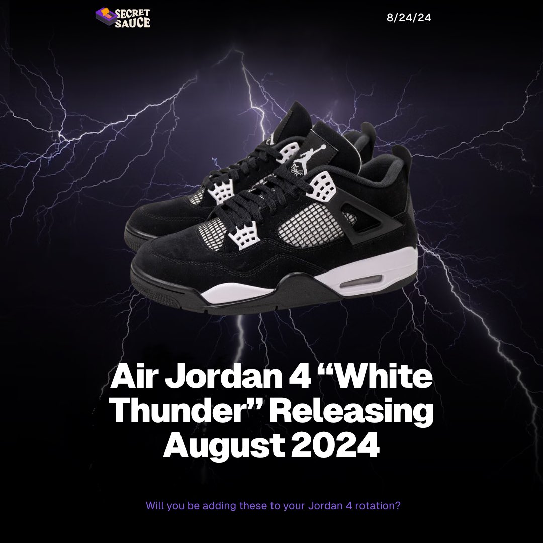 Jordan Brand is finally adding onto the 'Thunder' renditions of the Air Jordan 4 with its newest announcement of the White Thunder AJ4. Expected to release August 2024 at a retail of $215. 📅: 5/1/2024 👟: FQ8138-001 💳: $215 💸: $270+ ✅Follow @secretsaucegrp for more✅