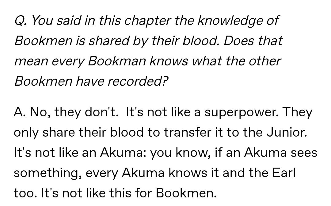 Wait.. do the clan's members only send knowledge to Lavi? Not bookman himself? Does bookman expect Lavi to tell him everything in detail afterward ?