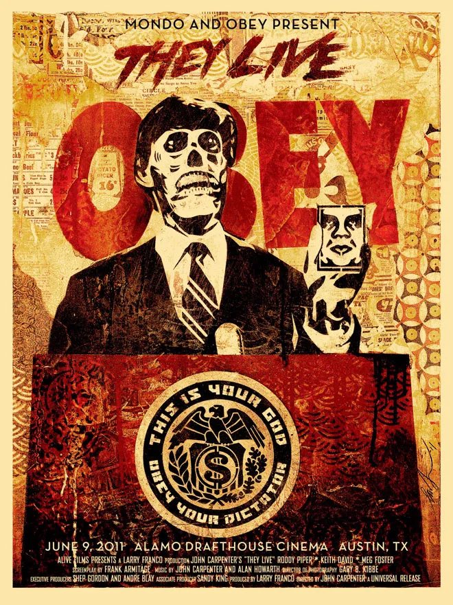 This Saturday at the @craufurdarmsmk we will be screening @TheHorrorMaster ‘s incredible film #theylive Come join us at 2pm! This art is by Shepard Fairey which he produced under licence for #mondo #obey #consume #mkhorror #craufurdarms #miltonkeynes #horrormovies