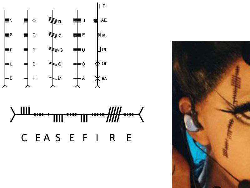 🇮🇪 Bambie Thug’ın yüzünde Ogham alfabesi ile “Ceasefire” (ateşkes) yazıyor.