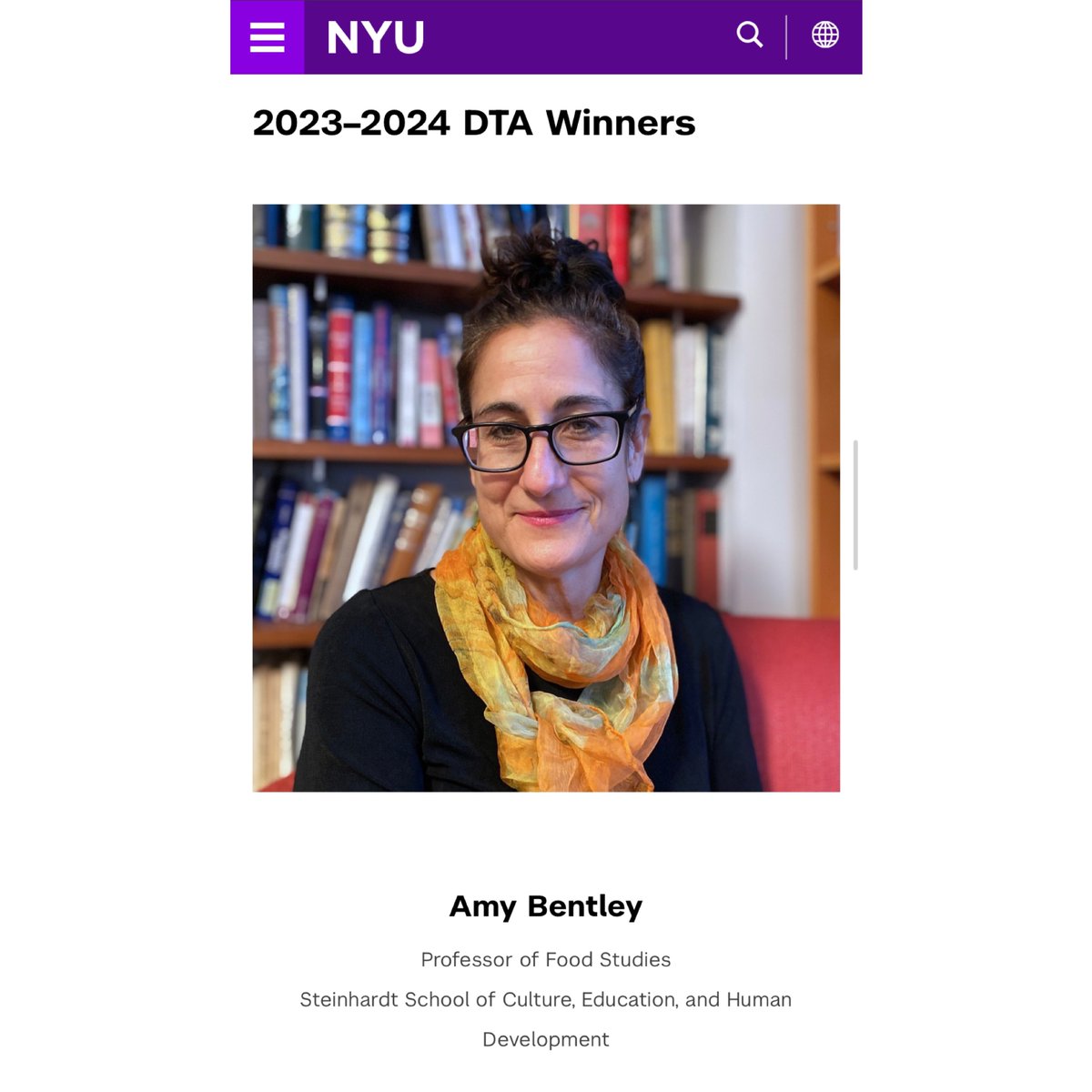 Huge congratulations to our very own @ABentleyNYC on receiving the @nyuniversity 2023-2024 Distinguished Teaching Award (DTA). The DTA highlights NYU’s commitment to teaching excellence and is given annually to selected outstanding members of the faculty. #foodstudies