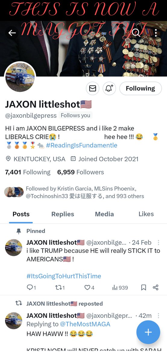 🚨🚨🚨🚨🚨🚨🚨🚨🚨🚨🚨🚨🚨🚨🚨🚨🚨THIS ACCOUNT IS A MAGGOT ACCOUNT, FYI #BLUECOMMUNITY YOU NEED TO DISCONNECT PRONTO❣️
@PattieWalker4 
x.com/jaxonbilgepres…