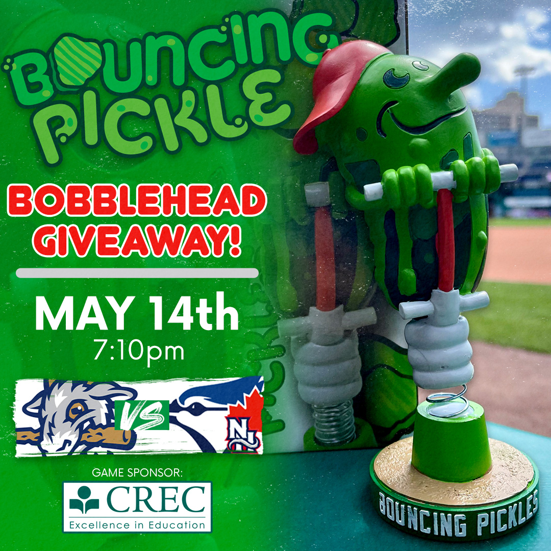 Get your pickle on at Dunkin' Park on May 14th! We're playing as the Hartford Bouncing Pickles as we take on the Blue Jays affiliate. The first 1,000 fans score a one-of-a-kind Bouncing Pickles bobblehead. Gates open at 6pm. See you there! 🎟️bit.ly/3QtilFQ