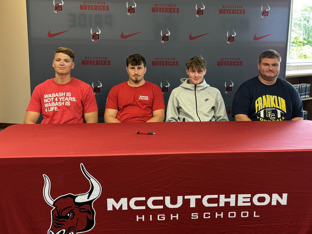 Maverick Football (@mccmavsfootball) on Twitter photo Congrats to these seniors signing to continue their football careers in college.
M. Edwards, J. VanPelt <a href="/WabashFB/">Wabash College Football</a> I. Krekler <a href="/FCGrizFootball/">Franklin College Football</a> D. Peterson <a href="/TrineThunderFB/">Trine Thunder FB</a> <a href="/mccutcheonmavs/">McCutcheon Athletics</a> Congrats to these seniors signing to continue their football careers in college.
M. Edwards, J. VanPelt <a href="/WabashFB/">Wabash College Football</a> I. Krekler <a href="/FCGrizFootball/">Franklin College Football</a> D. Peterson <a href="/TrineThunderFB/">Trine Thunder FB</a> <a href="/mccutcheonmavs/">McCutcheon Athletics</a>