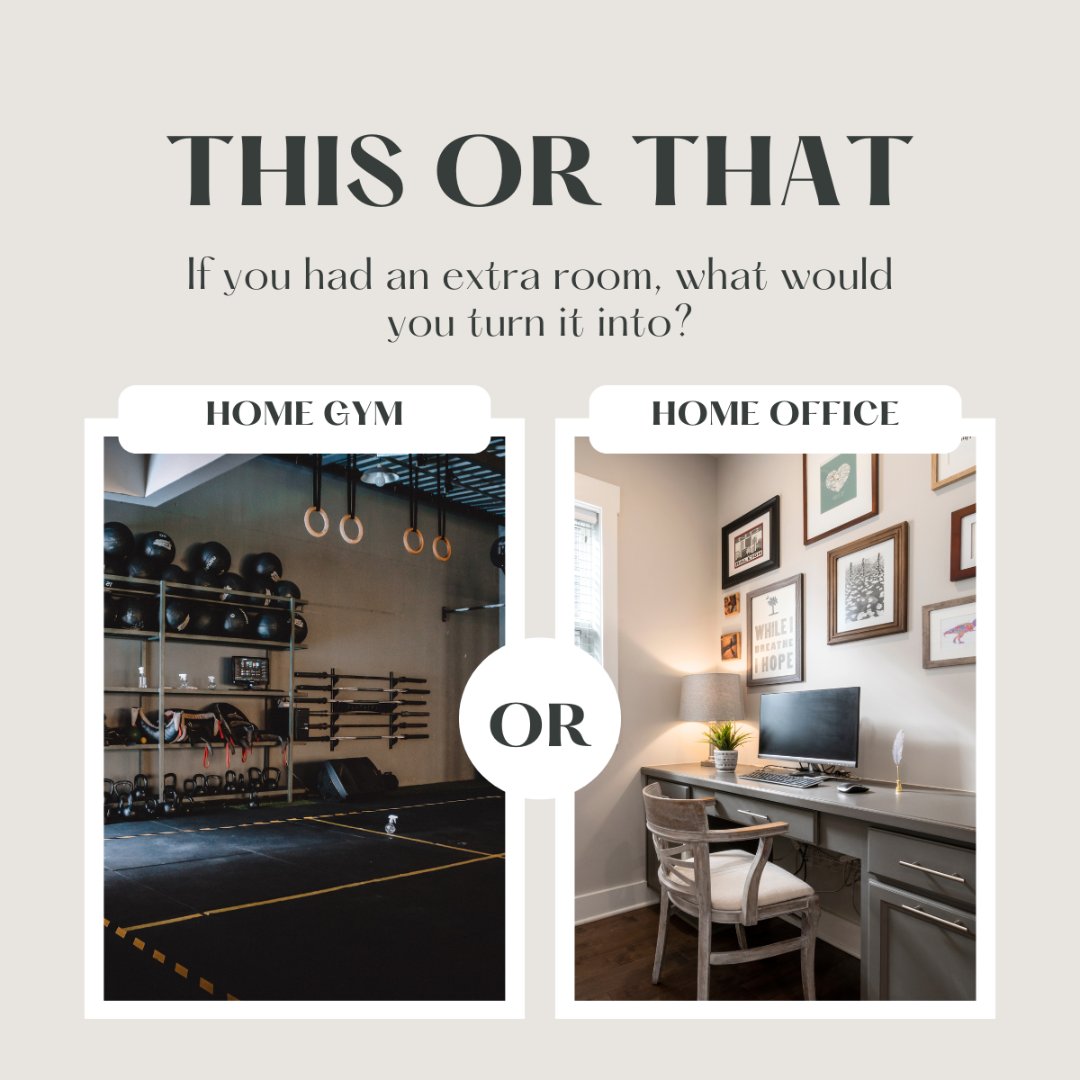 Extra room at your place? Why not make it a modern home gym or a productive home office? 💪🖥️ What's your choice? 

#homedecor #homegym #homeoffice #thisorthat #questionoftheday #yycre #calgaryrealestate #calgaryrealtor #yycrealtor #yycrealestate #realestateinvesting