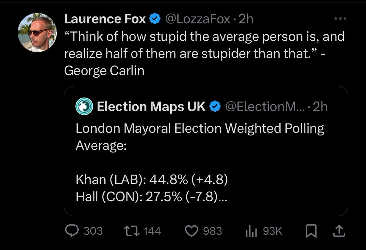 @LozzaFox Take a look at this vile invective. This dozy thinks he csn slag off his fellow citizens without recourse. On the plus side. It shows Laurence Fox is scared that the racism and division he sows isn’t as popular as he hopes. I want the right wingers out.