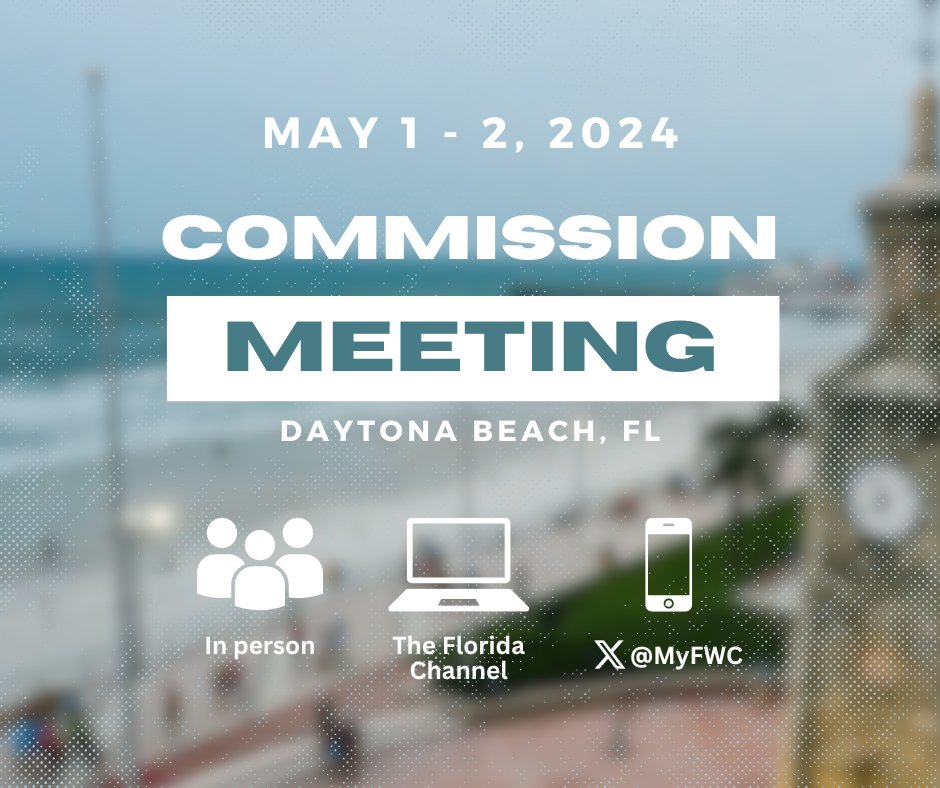 Day 2 of the Commission Meeting starts in 30 minutes! Watch on @floridachannel. Agenda: bit.ly/3U8McFU #FWC2024