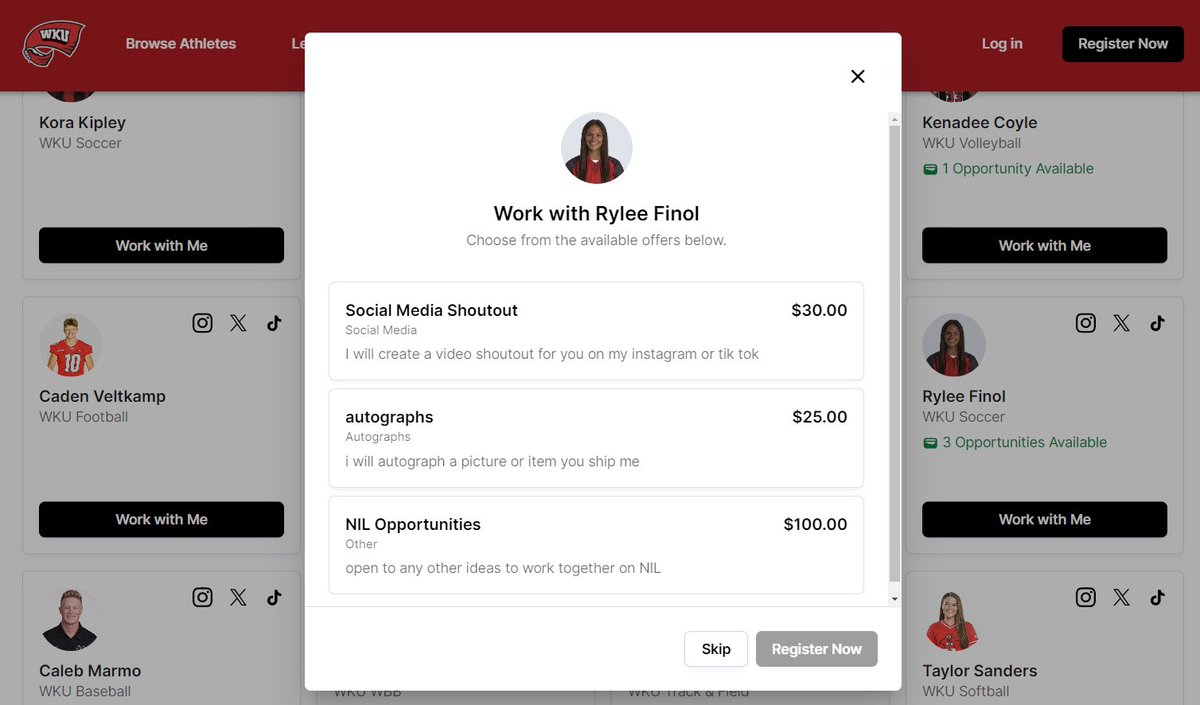 Businesses can now sort by student-athletes and by sports team! You can easily message @WKUSports student-athletes and discuss NIL Opportunities they have listed on their rate cards or any other ideas you have in mind! Our student-athletes are ready to work and provide value!