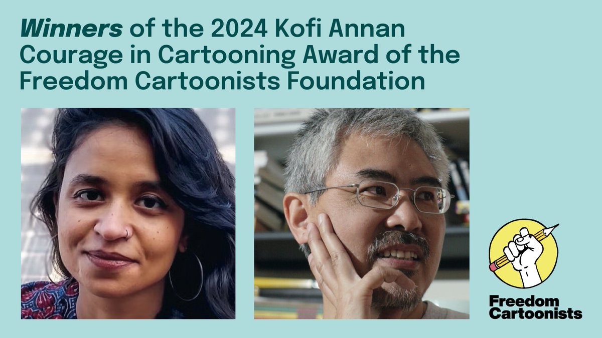 ✊✏️ 2024 AWARD 🏆 We are thrilled to announce that Rachita Taneja (India) and Zunzi (Hong Kong) are the winners of the 2024 Kofi Annan Courage in Cartooning Award! #WFPD @CartooningPeace @toonistsrights @GVAGrad @KofiAnnanFdn @VilleDeGeneve @genevapressclub @LeTemps