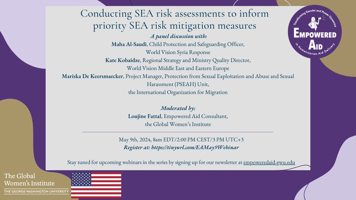 GWUGlobalWomen's tweet image. (1/4) Join the Global Women&apos;s Institute’s #EmpoweredAid team for a webinar series exploring #policies and #practices that support mitigating the risk of sexual exploitation and abuse (#SEA) as a way to make #aid delivery #safer and more accountable.