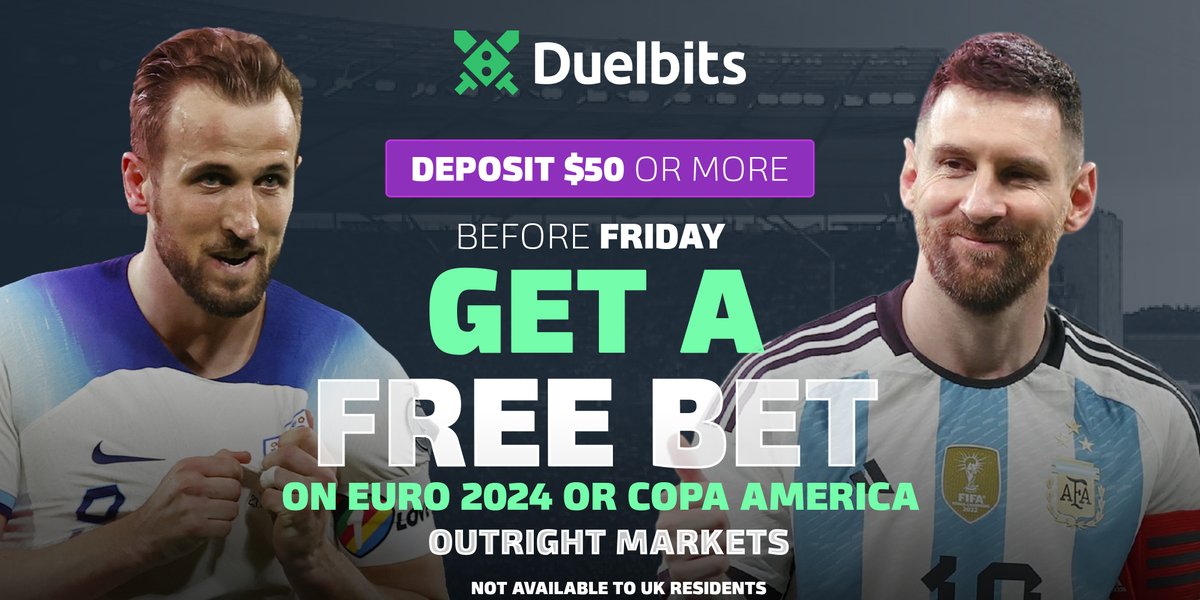 📢Attention football fans! ⚽Deposit $50 before this Friday and you'll receive a special Free Bet use to use on a Euro 2024 or Copa America outright market! 😎Eligible customers will be credited on Friday! ⚔️With Duelbits, the real winner is you!