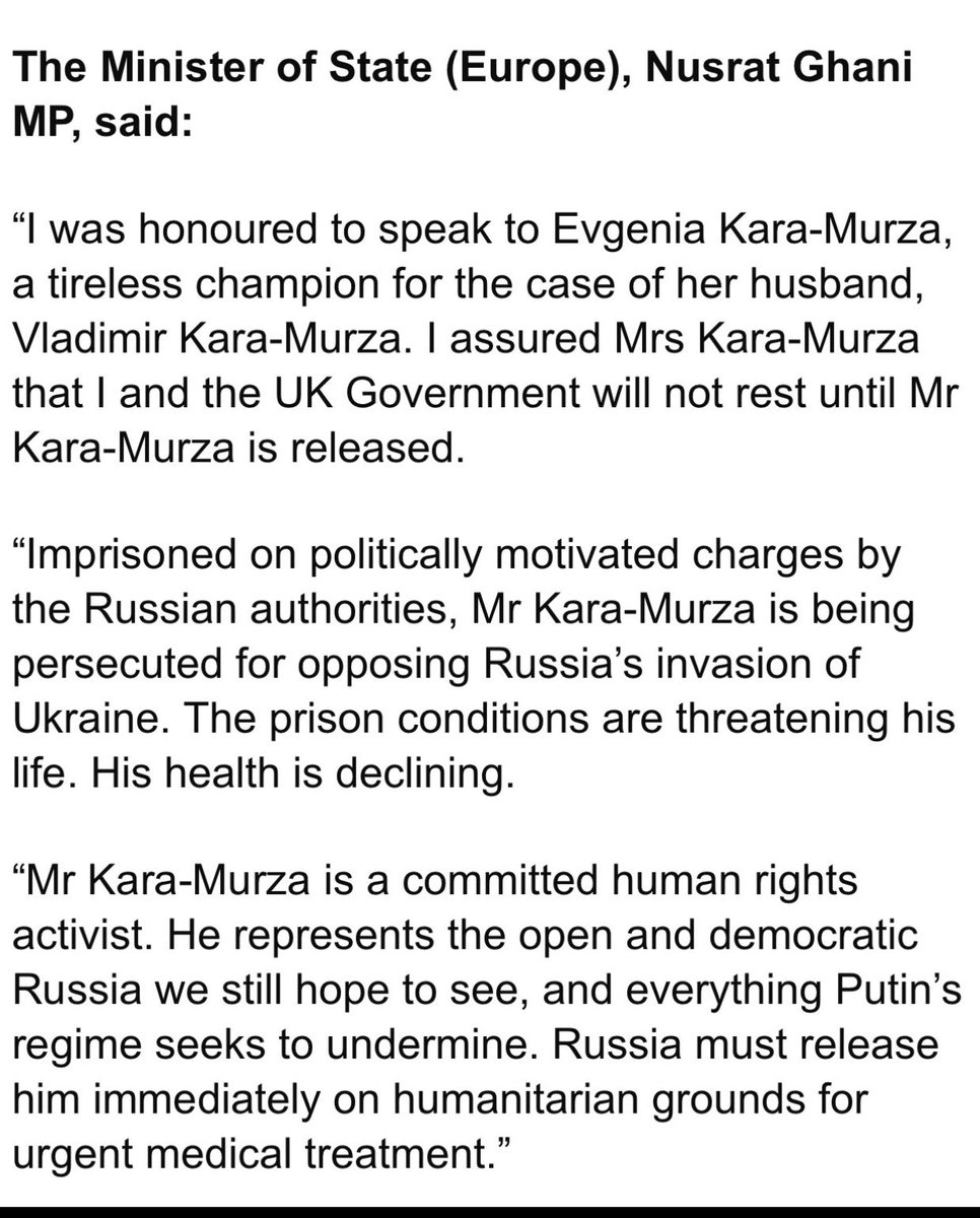 As Minister for Europe, Russia and Ukraine are my focus. This week i spoke to the wife of Vladimir Kara-Murza- a freedom fighter brutally imprisoned by Putin who can’t handle any dissent. ⁦@ekaramurza⁩ ⁦@Billbrowder⁩
