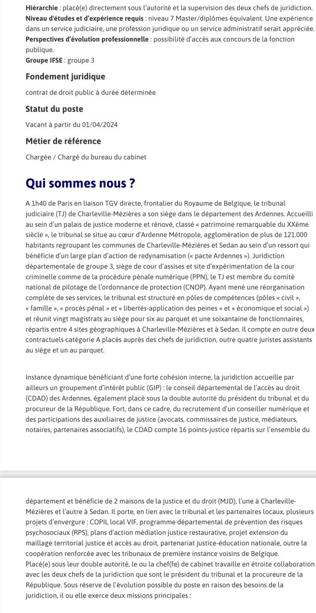 📣Le tribunal judiciaire de Charleville-Mézières recrute un(e) chef(fe) de cabinet & coordinateur(rice) du CDAD 
➡️Poste  à responsabilités et ayant du sens 
➡️Exercice professionnel au sein d’un collectif de travail à taille humaine & dynamique 
Plus d’infos ⤵️ Candidatez! ⚖️👍