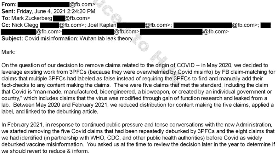 Since February 2021, the company had been censoring the “Wuhan lab leak theory” “in response to … tense conversations with the new [Biden] Administration.”