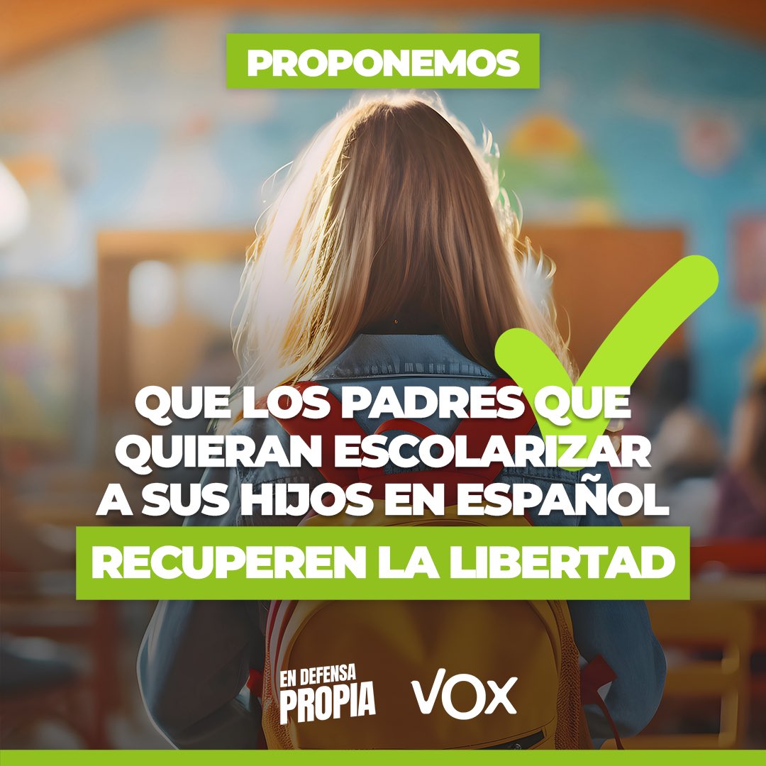 Sólo VOX defiende que los padres puedan escolarizar a sus hijos en español.

En defensa de nuestra lengua.
#EnDefensaPropia 🫂