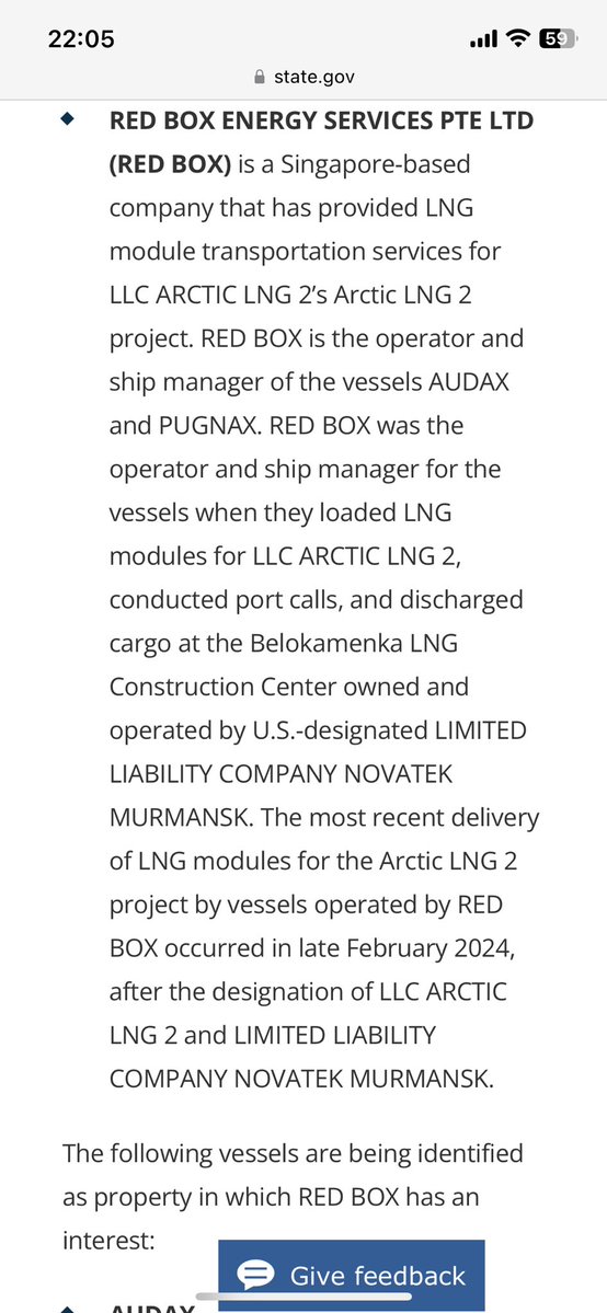 SANCTIONS WATCH: The US has designated Red Box Energy, the shipping company whose brazen voyage to supply Russia’s sanctioned Arctic LNG 2 project was documented in an FT investigation in February Full story (and amazing visuals): ig.ft.com/russia-sanctio…