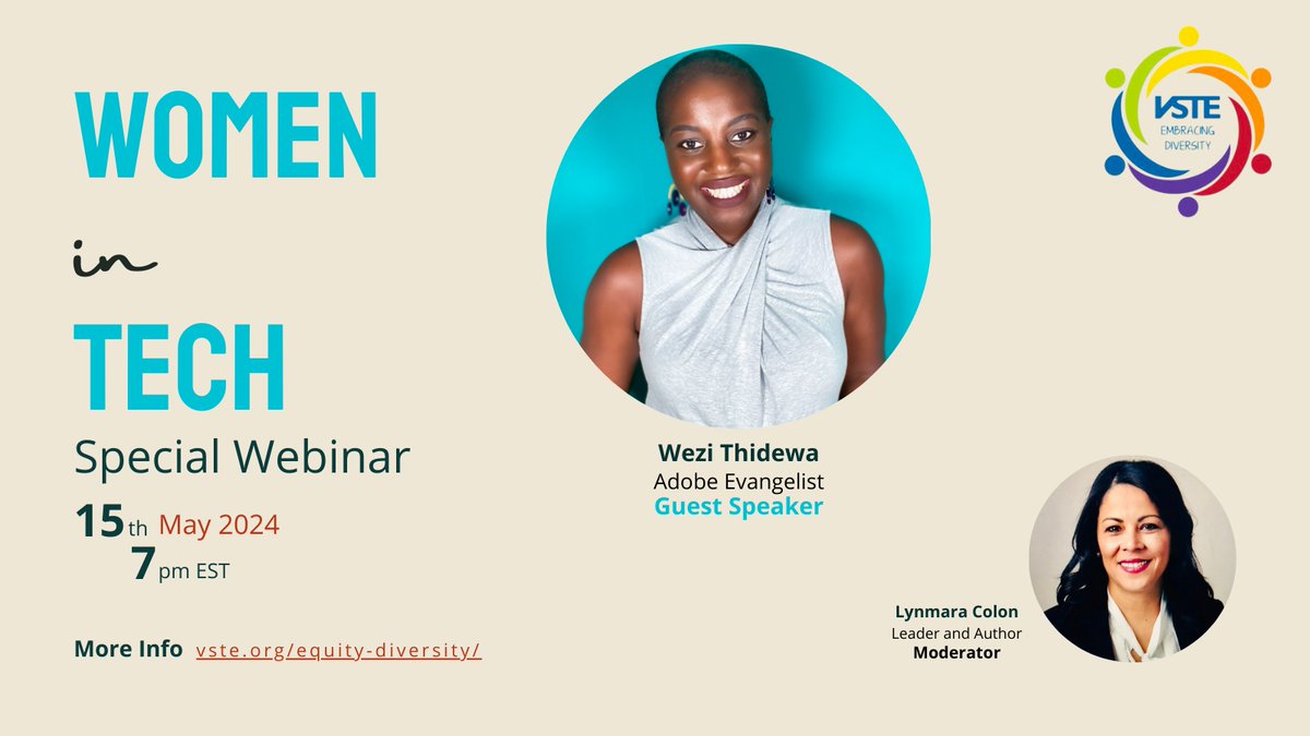 Don't miss this VSTE DEI Committee event... Trailblazers: The Impact of Women in Technology with the amazing @weziRthindwa

Register Here: us02web.zoom.us/webinar/regist…

#edtech #educoaching #PD #PL #VCC #educoach #education #teaching