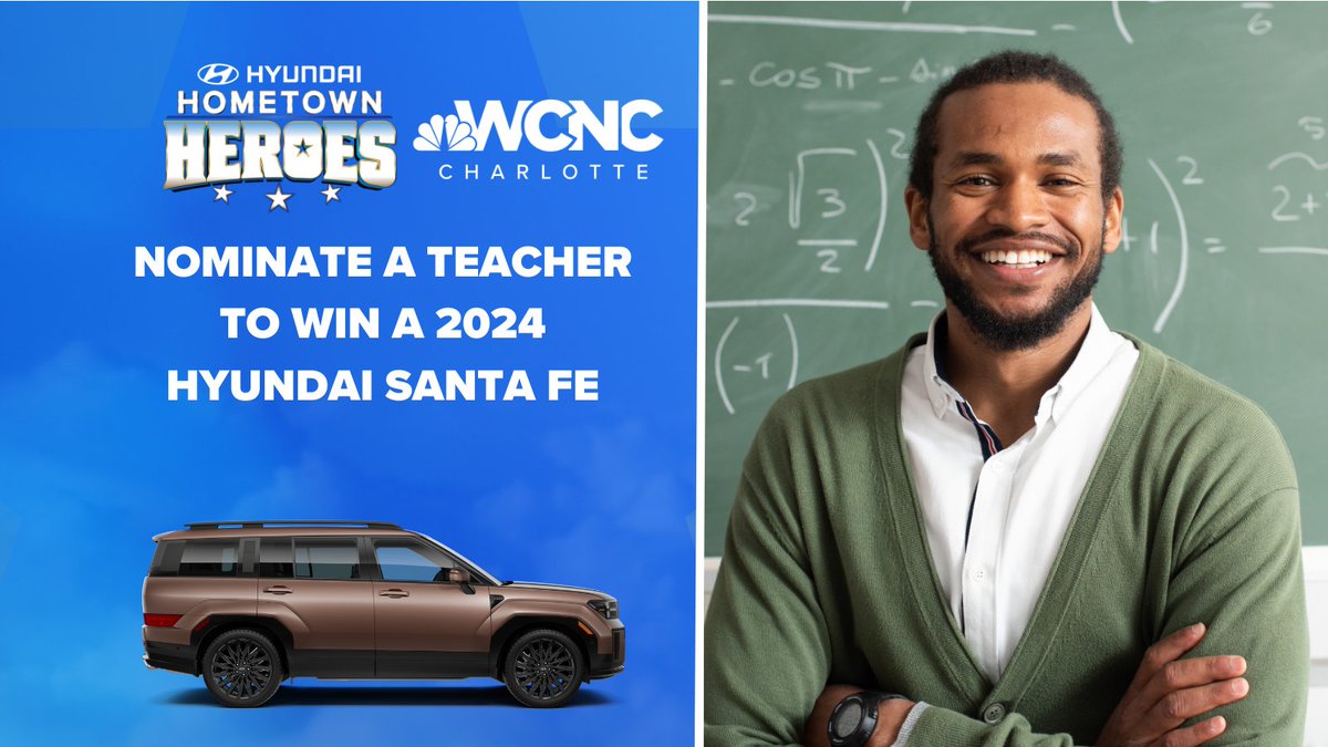 The Charlotte Area Hyundai Dealers and WCNC Charlotte are giving a 2024 Hyundai Santa Fe to a deserving teacher who gives back to the community. Nominate your hero by May 5th here: wcnc.com/hometownhero