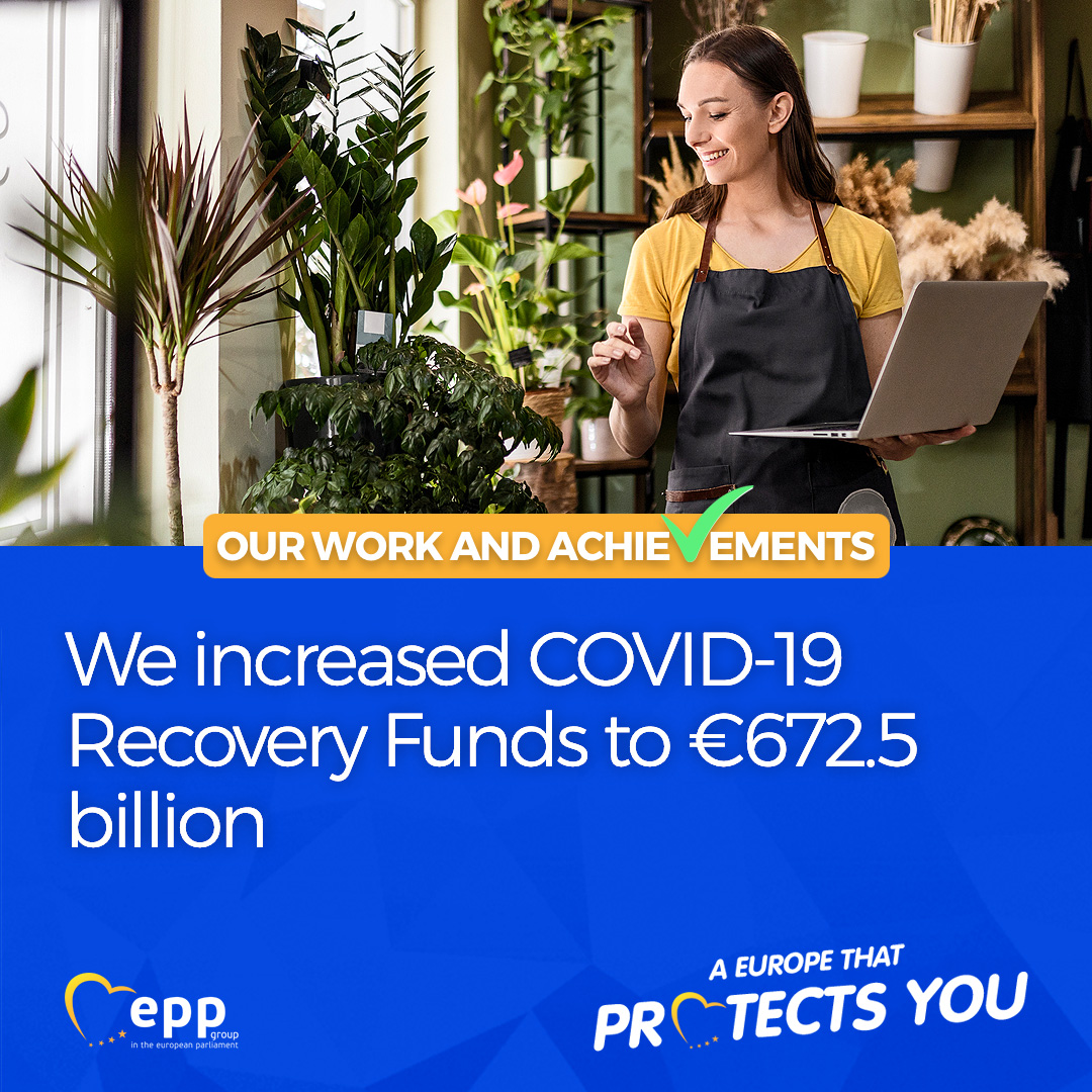 During the COVID-19 pandemic, we supported businesses. Improving the Recovery and Resilience Fund and making sure that these funds go to those businesses that need them most. Read more about our contributions and achievements: epp.group/OurWork #EuropeProtects