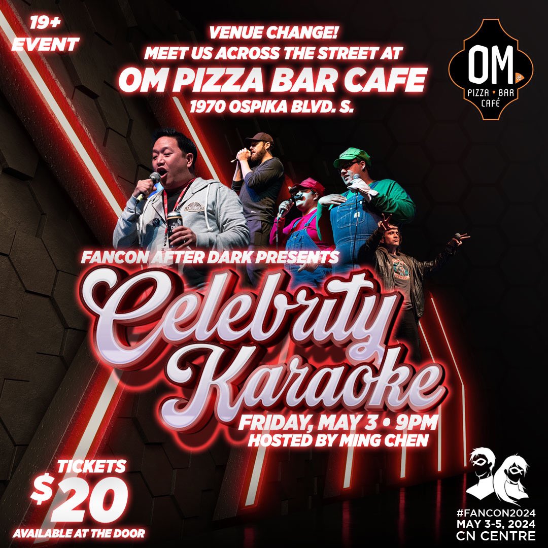 Hey, cool kids! This is just in - we've got a VENUE CHANGE for Friday night's Celebrity Karaoke, hosted by Ming Chen! Meet us across the street at Om Pizza Bar Cafe at 1970 Ospika Blvd. S. If you've already got tickets - YOU. ARE. AWESOME. They will be honoured at Om. For the…