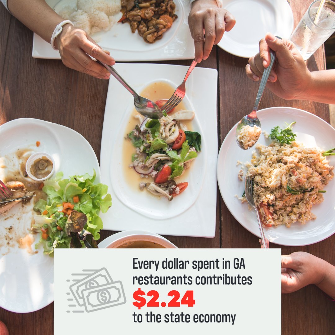 For every dollar spent in Georgia restaurants, $2.24 is contributed to the economy. Whether you're dining in or ordering takeout, restaurants are an essential part of economic health. View the full Georgia Restaurant Impact Report: bit.ly/3UyU7wf
