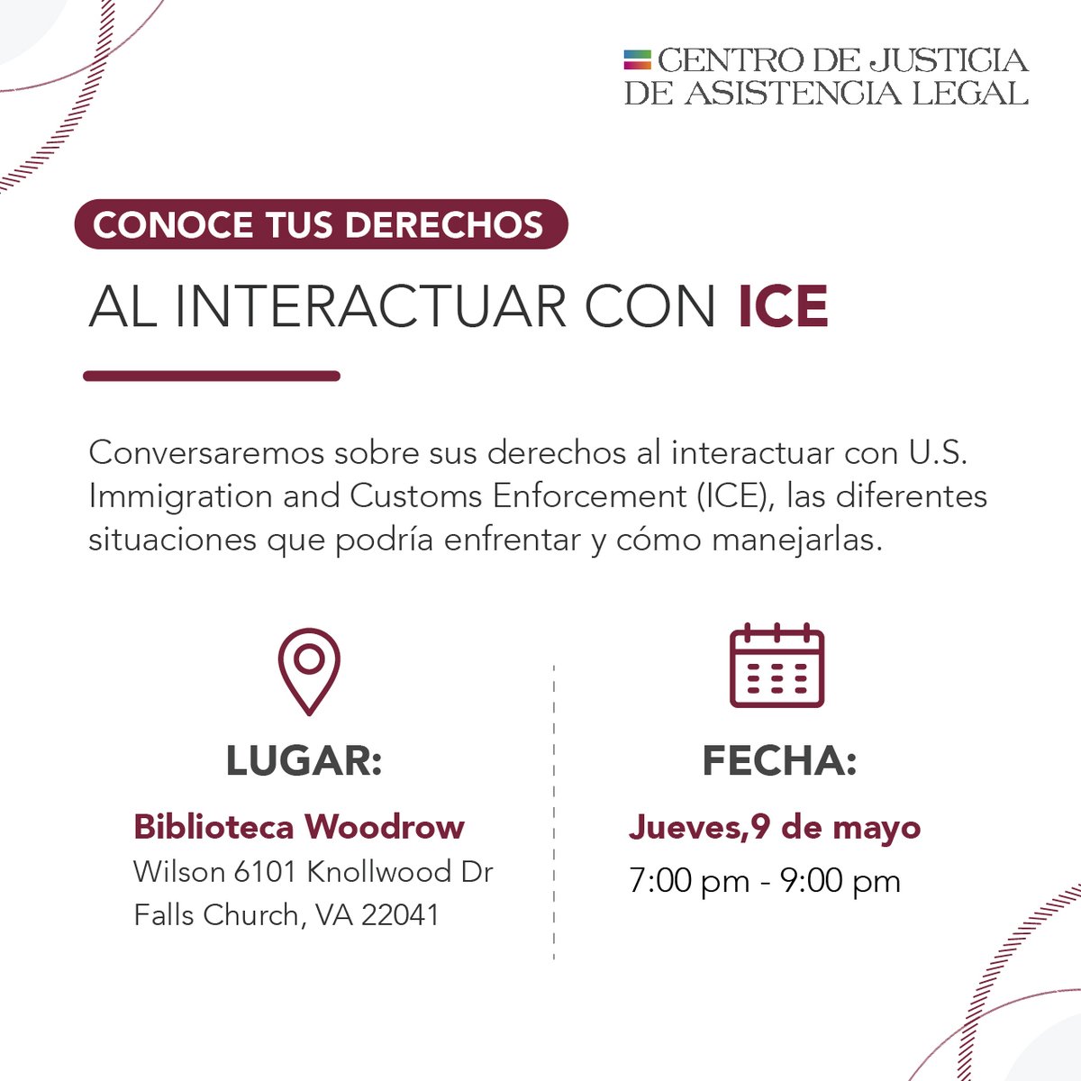 Acompáñenos este 9 de mayo en #FallsChurch para una sesión de 'Conoce tus derechos' en la que hablaremos sobre sus derechos al interactuar con ICE y la mejor forma de prepararse pro-activamente para ese momento.

(This event will be in Spanish only).