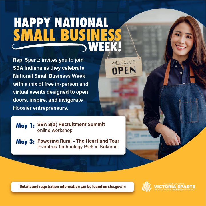 Happy National Small Business week! @SBA_Indiana is celebrating #NSBW with a mix of in-person and virtual events designed to open doors, inspire, and invigorate Hoosier entrepreneurs. Please visit sba.gov/in for more details.