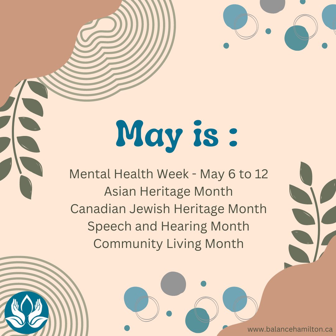 May is: Mental Health Week - May 6 to 12 Asian Heritage Month Canadian Jewish Heritage Month Speech and Hearing Month Community Living Month #HamOnt #MentalHealth #CommunityLiving #CompassionConnects #AuthenticInclusion #MHWEEK2024 #ItsGottaBeMay