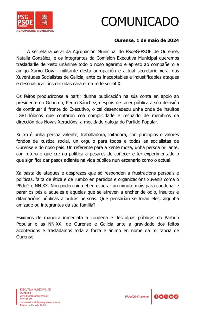 📄Comunicado da Comisión Executiva Municipal do @PSdeG en #Ourense de apoio ao noso compañeiro e amigo @xurxodb ante os gravísimos e intolerables ataques sufridos nesta rede social, esixindo unha condea e desculpa inmediata aos responsables do @ppdegalicia e @nnxxgalicia #BastaXA