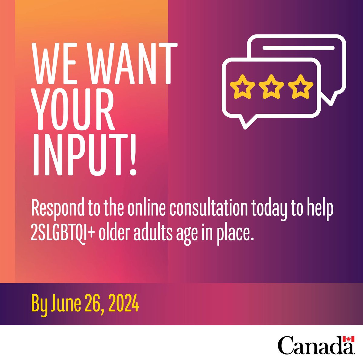 📣 Spread the word! #2SLGBTQI+ people aged 55 and over in #Canada are invited to complete an online consultation about supports for aging in place until June 26! ow.ly/MtBS50Ru7wn #SeniorsInCanada @wage_fegc