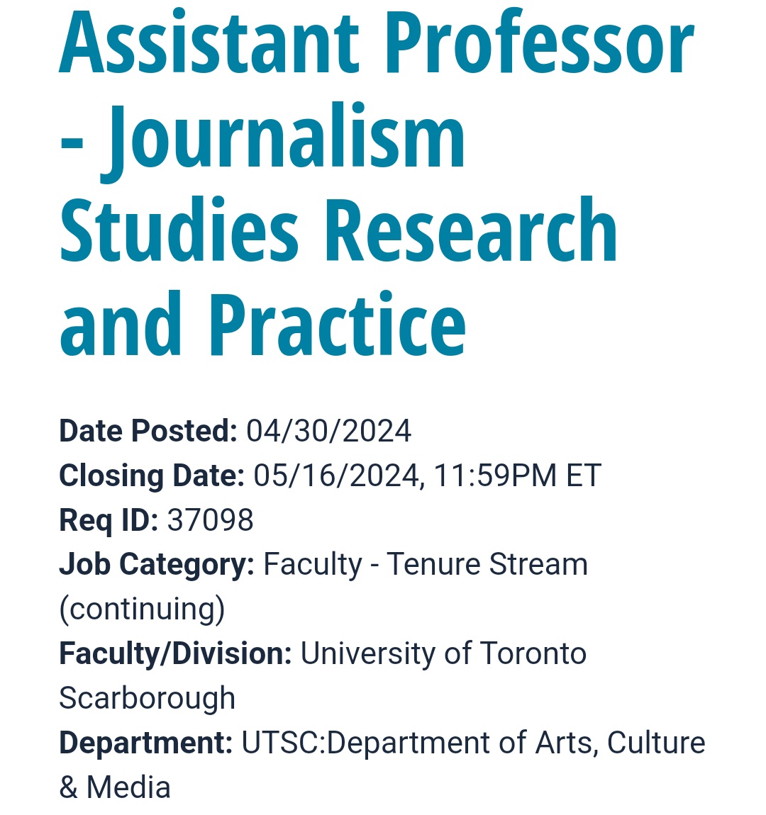 Come work with us at the University of Toronto: Tenure-track job position, Assistant Professor of Journalism Studies jobs.utoronto.ca/job/Toronto-As…