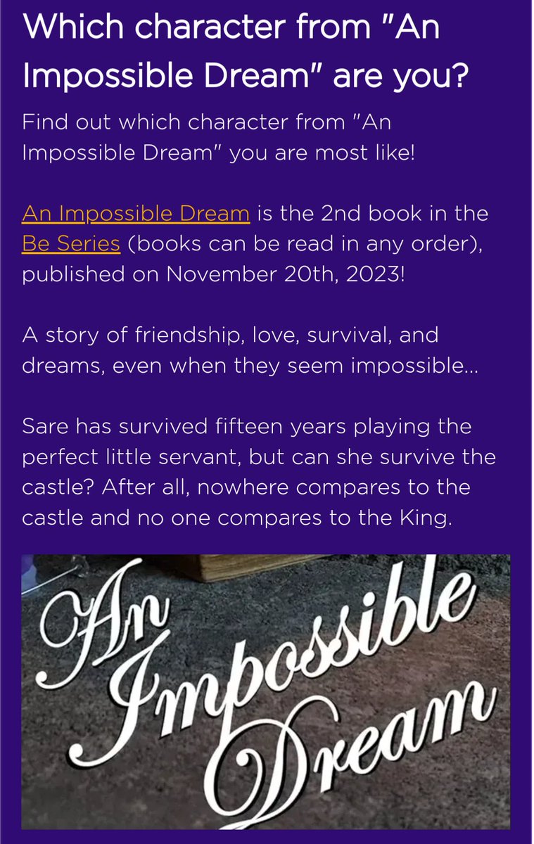 Which character from my novel, An Impossible Dream, are you? Inspired by @BooksSeeker's personality quizzes for her books (you should check them out)! Links below!!! opinionstage.com/api/v2/widgets…