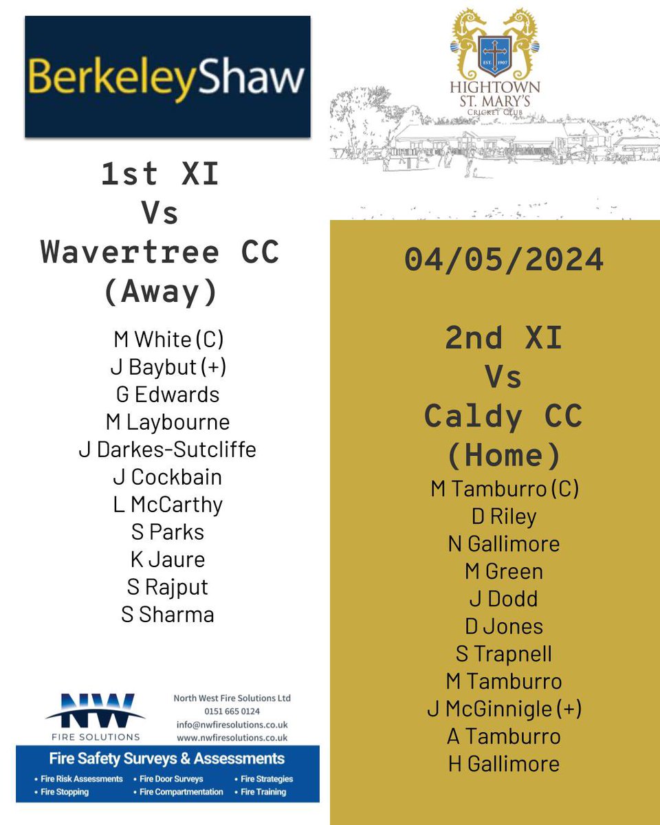HightownStMary's CC (@hightownstmarys) on Twitter photo 🚨Early team news🚨 Following a delayed start to the season, @mattywhite15 gets his tenure underway as the 1st XI travel to <a href="/WavertreeCC/">Wavertree CC</a> 🏏
While at Sandy Lane, the 2nd XI host <a href="/caldycc/">Caldy Cricket Club</a> 🏏
Big thanks to <a href="/BerkeleyShaw/">Berkeley Shaw Real Estate</a> and <a href="/NWFireSolutions/">NW Fire Solutions</a> for their support 🙌🏻 🚨Early team news🚨 Following a delayed start to the season, @mattywhite15 gets his tenure underway as the 1st XI travel to <a href="/WavertreeCC/">Wavertree CC</a> 🏏
While at Sandy Lane, the 2nd XI host <a href="/caldycc/">Caldy Cricket Club</a> 🏏
Big thanks to <a href="/BerkeleyShaw/">Berkeley Shaw Real Estate</a> and <a href="/NWFireSolutions/">NW Fire Solutions</a> for their support 🙌🏻