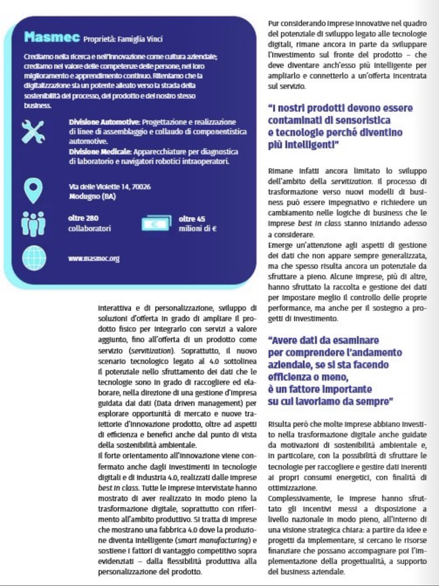 I dati non sono tutto, ma fanno tanto, e potenzialmente possono dare ancor di più.

Altri passi devono essere fatti nella fabbrica intelligente e poi un salto verso la servitizzazione, che non è una suggestione.

Il futuro della #Meccatronica in Italia.

⬇️