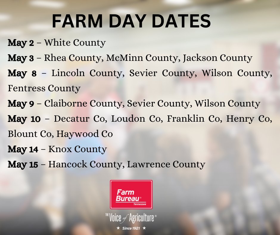 A lot of County Farm Days are coming up! These days give young students the chance to learn more about where their food comes from. Check out the upcoming dates below to see when a farm day is happening in your area! #TNFarmBureau I #FarmDays I #TNAgriculture