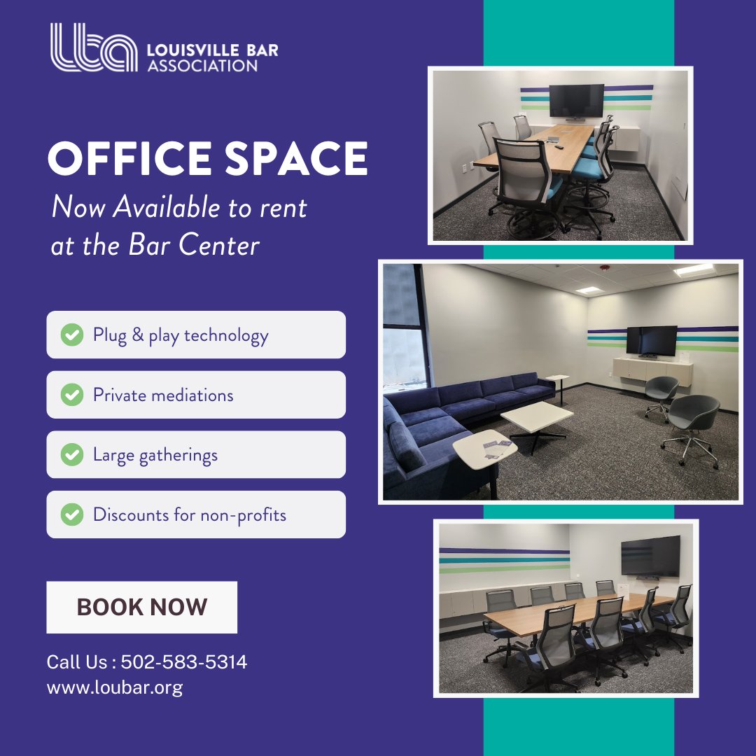 The LBA's Bar Center is now officially reopened after an amazing transformation! Our revitalized space offers conference areas with brand-new plug and play technology, all ready for rental.

Discover more and book your space today by calling 502-583-5314. bit.ly/49YTWyJ
