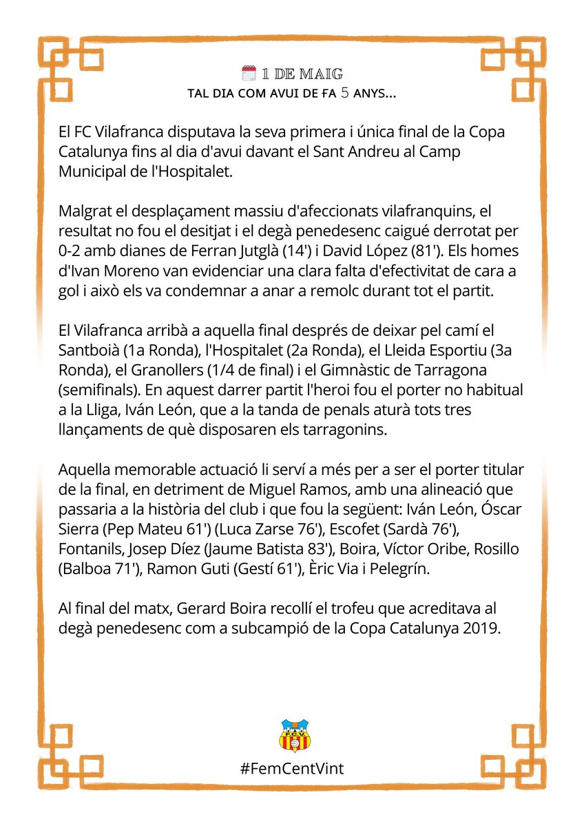 🗓 𝟙 𝔻𝔼 𝕄𝔸𝕀𝔾
ᴛᴀʟ ᴅɪᴀ ᴄᴏᴍ ᴀᴠᴜɪ ᴅᴇ ғᴀ 𝟻 ᴀɴʏs...

El FC Vilafranca disputava la seva primera i única final de la Copa Catalunya fins al dia d'avui davant el Sant Andreu al Camp Municipal de l'Hospitalet.

#FemCentVint