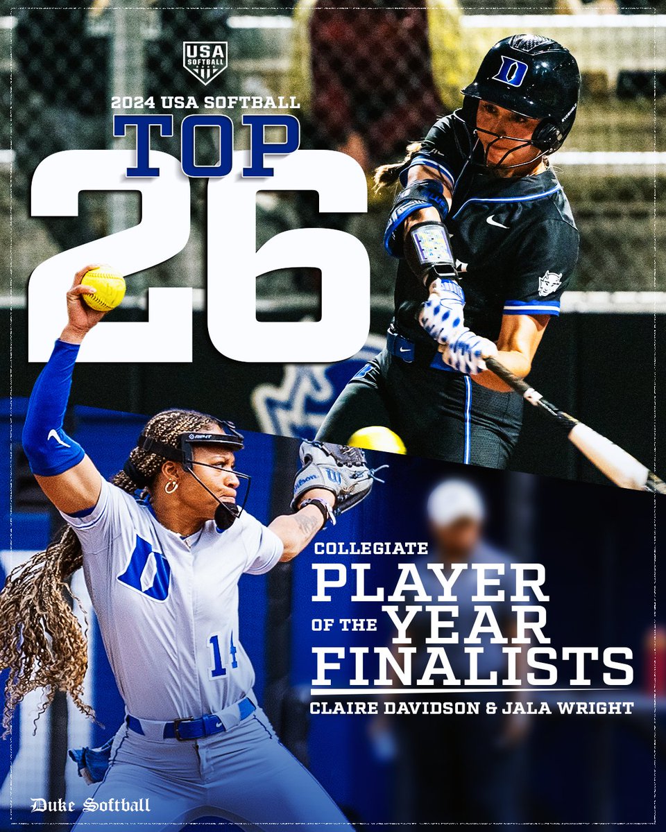 Two of the most dynamic players in the country are Blue Devils 😈 Congrats to @claire7davidson and @JalaWright14 on being named Top-26 finalists for the @USASoftball Collegiate Player of the Year!